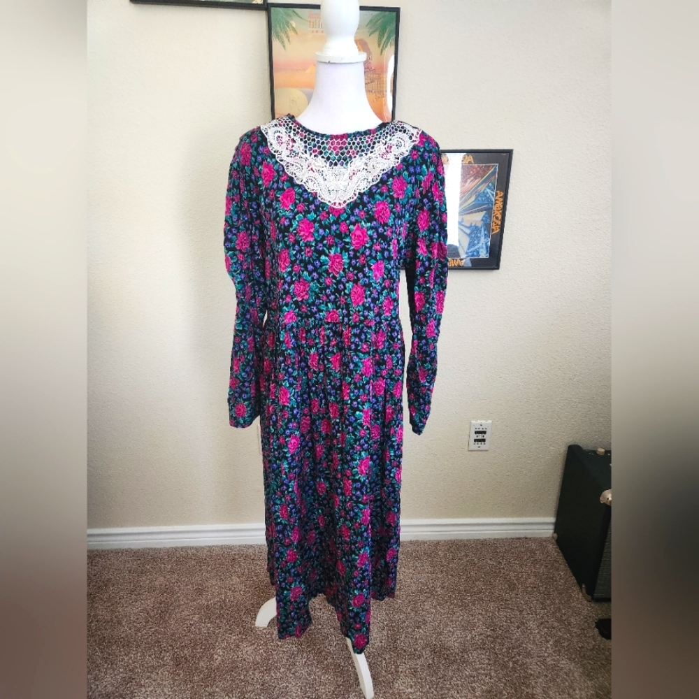 Vintage Black Floral Babydoll Dress